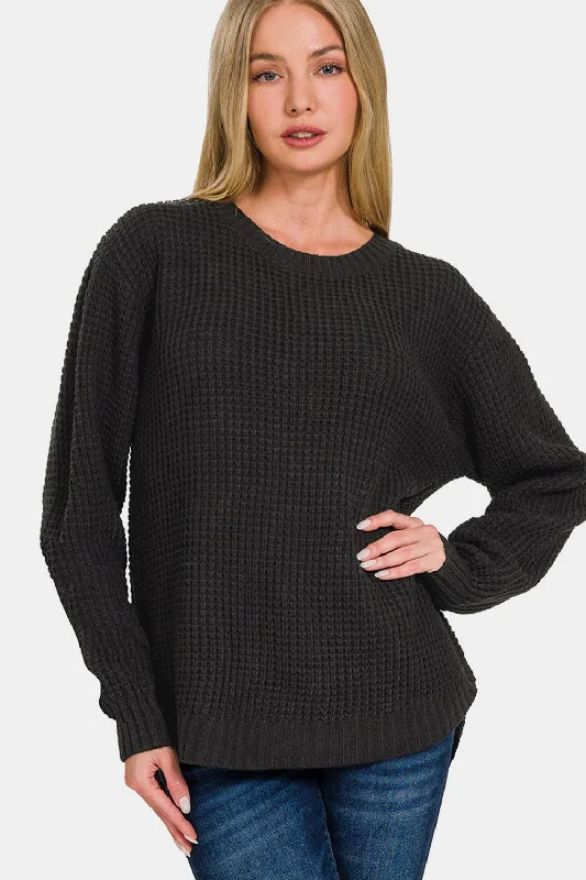 Zenana High Low Long Sleeve Waffle Sweater Thin Thick Dense