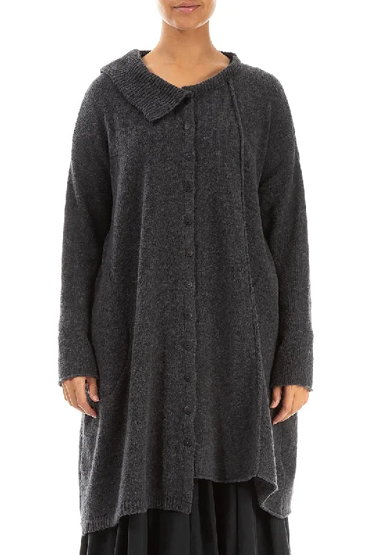 Asymmetrical Dark Grey Wool Cardigan Open Front Closed Front Wrap Front