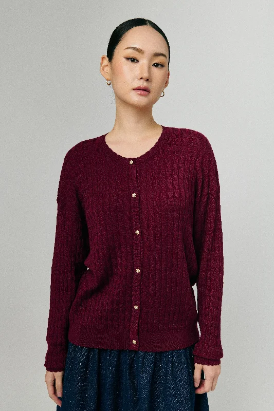 Iris Cable-Knit Cardigan in Burgundy Oversized Loose Flowy