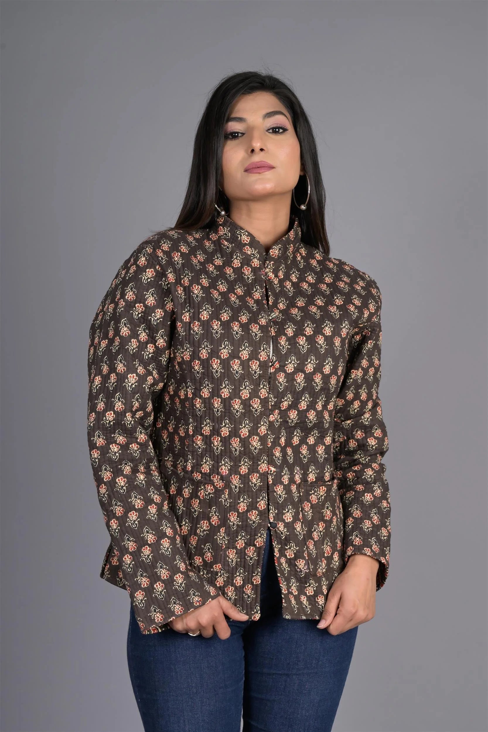 Winter Brown Reversible Jaipuri Cotton Quilted Jackets For Women Zip Front Button Front Snap Front