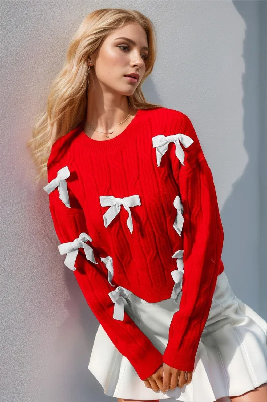 Double Take Full Size Bow Cable-Knit Round Neck Sweater Cable Knit Ribbed Knit Lace Knit Double Take Full Size Bow Cable-Knit Round Neck Sweater Cable Knit Ribbed Knit Lace Knit