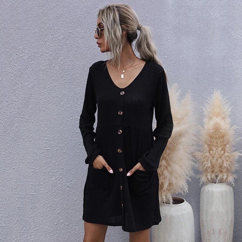 IKEARLAX New popular autumn and winter Popular and 2025 loose long-sleeved slim-fitting solid color v-neck knitted sweater dress women Fitted Loose Oversized