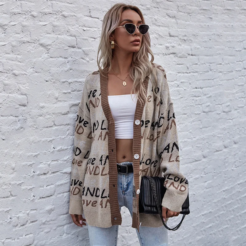 IKEARLAX 2023 autumn and winter knitted cardigan 2025 letter fashion jacquard long-sleeved medium and long sweater jacket Real Fur Shearling Chenille