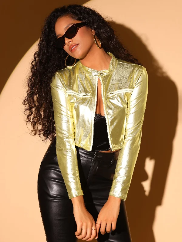 Stand Collar Metallic Zipper Party Long Sleeve Cropped Jacket Lace Jacket Ribbed Jacket Sequined Jacket