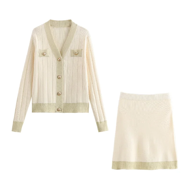 Women Clothing Winter Western Classy Gold Silk Knitted V neck Long Sleeve Cardigan Short Mid Length Skirt Set Real Fur Shearling Chenille