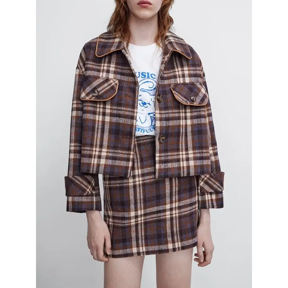 Women vintage plaid winter coat retro style pockets short jacket Jersey Jacket Tulle Jacket Batik Jacket