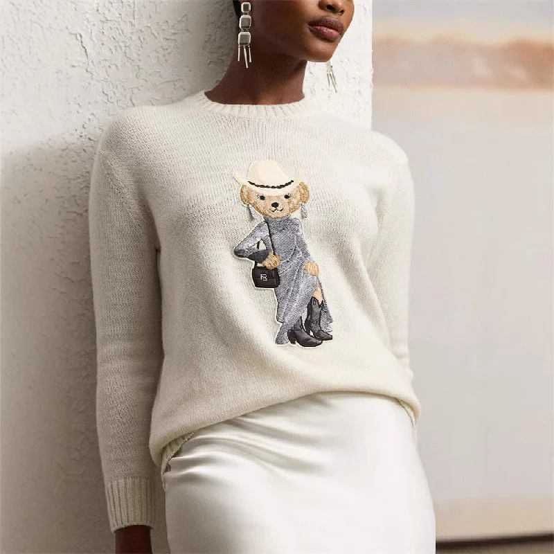 IKEARLAX 2025 Europe, America autumn and winter new  women's clothing crew neck bear cartoon casual sweater star with the same long-sleeved knitted sweater Layered Multi-layer Single Layer