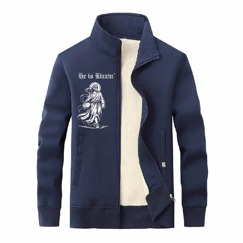 He Is Rizzin Jesus Holding Basketball Stand Collar Zip Fleece Cardigan Neon metallic Matte