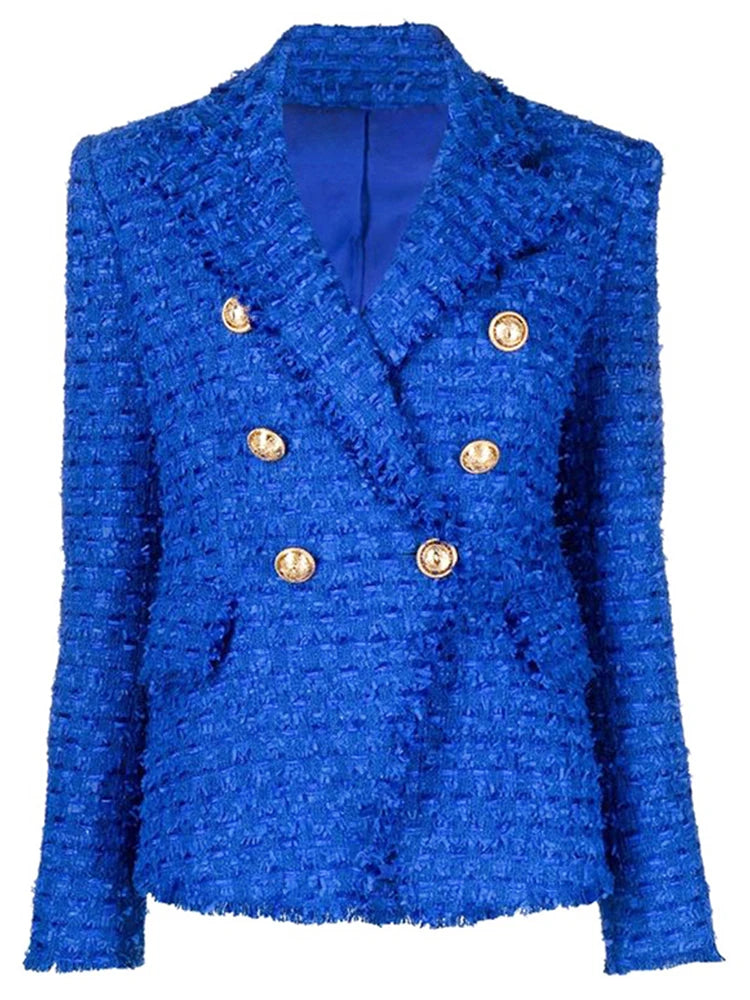 Womens Classic Slim Fitting Double Breasted Lion Buttons Fringed Tweed Blazer Women's Premium Blazer Womens Classic Slim Fitting Double Breasted Lion Buttons Fringed Tweed Blazer Women's Premium Blazer