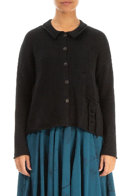 Tie Up Detail Black Linen Cardigan Elasticated Padded Insulated
