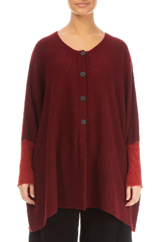Loose Boxy Maroon Red Wool Cardigan Satin Blend Silk Blend Wool Blend