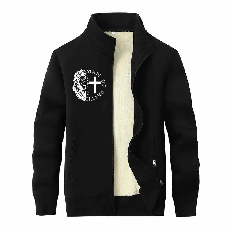 Man Of Faith Lion Cross Stand Collar Zip Fleece Sherpa Cardigan Spandex Blend Rayon Blend Denim Blend Man Of Faith Lion Cross Stand Collar Zip Fleece Sherpa Cardigan Spandex Blend Rayon Blend Denim Blend