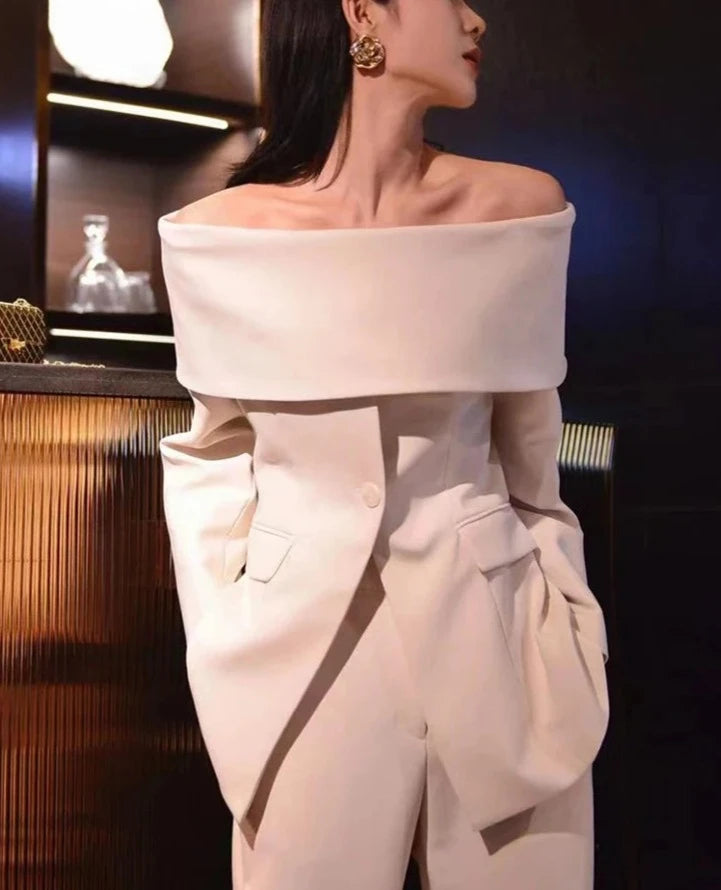 Slash Neck Chic Blazers Women Off Shoulder Long Sleeve Patchwork Single Button Solid Coat Women's Elegant Blazer Slash Neck Chic Blazers Women Off Shoulder Long Sleeve Patchwork Single Button Solid Coat Women's Elegant Blazer