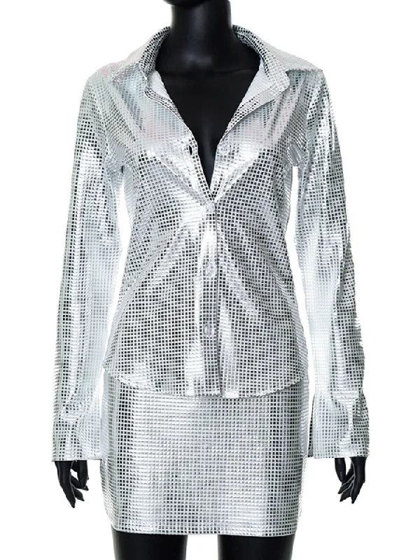 Women Simple Grid Pattern Long-Sleeved Cardigan Top And Casual Skirt Fashion Two Pieces Set Sequined Glittery Shiny