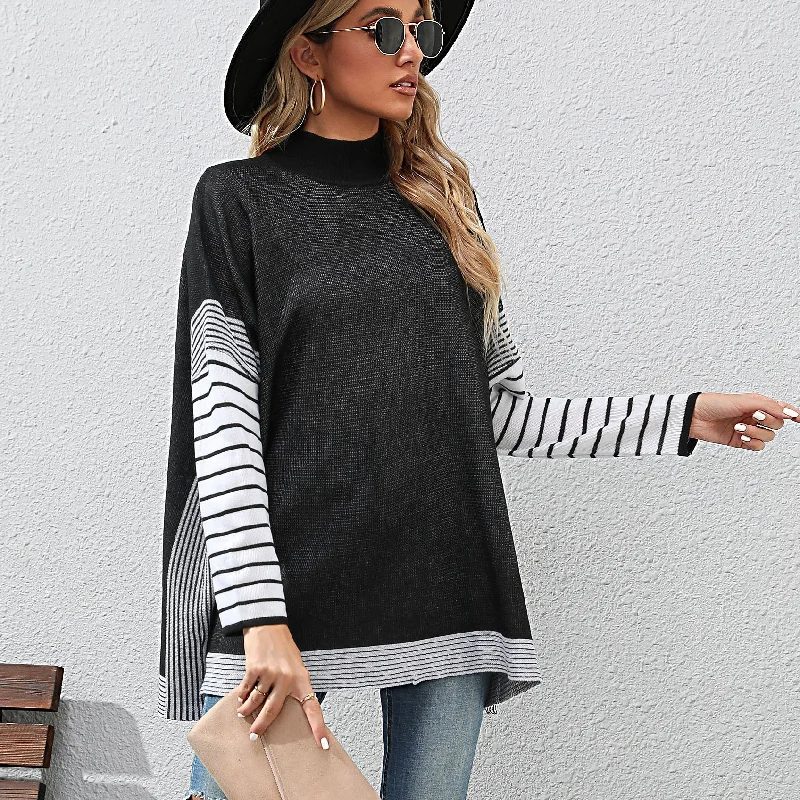 IKEARLAX New new 2025 autumn and winter 2025 trade women's clothing bat sleeve striped semi-turtleneck sweater Middle East knitted sweater Transparent Opaque Sheer