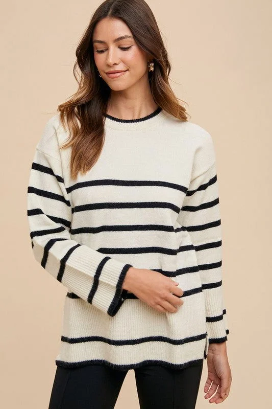 Annie Wear Side Slit Striped Round Neck Sweater Wool Sweater Cotton Sweater Cashmere Sweater Annie Wear Side Slit Striped Round Neck Sweater Wool Sweater Cotton Sweater Cashmere Sweater