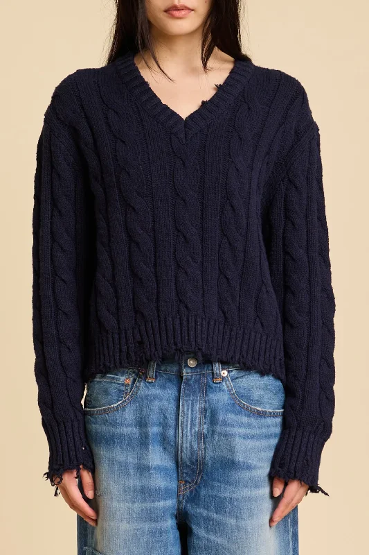 V Neck Cable Sweater | Navy Cable Knit Ribbed Knit Lace Knit