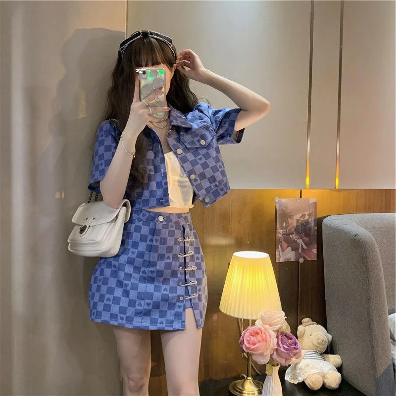 Chanel Suit Women's Summer Wear  New Design Sense Love Plaid Short Short Sleeve Jacket Two-Piece Set Nylon Jacket Polyester Jacket Spandex Jacket