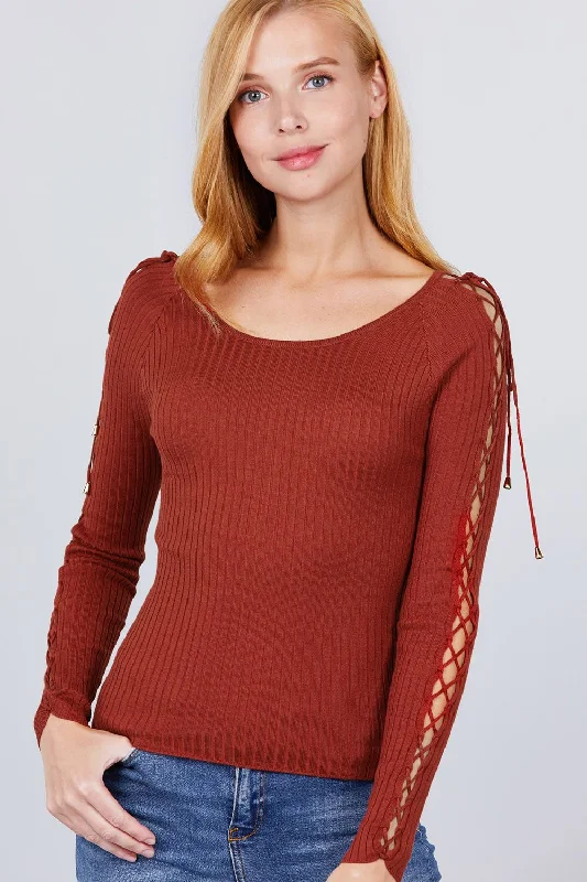 Long Sleeve W/strappy Detail Round Neck Rib Sweater Top Velvet Chenille Corduroy