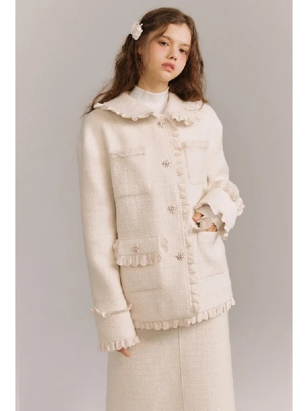 Wool Weave Lazy Bouquet Button Frills Jacket & Skirt【s0000003857】 Welt Pockets Slit Pockets Flap Pockets