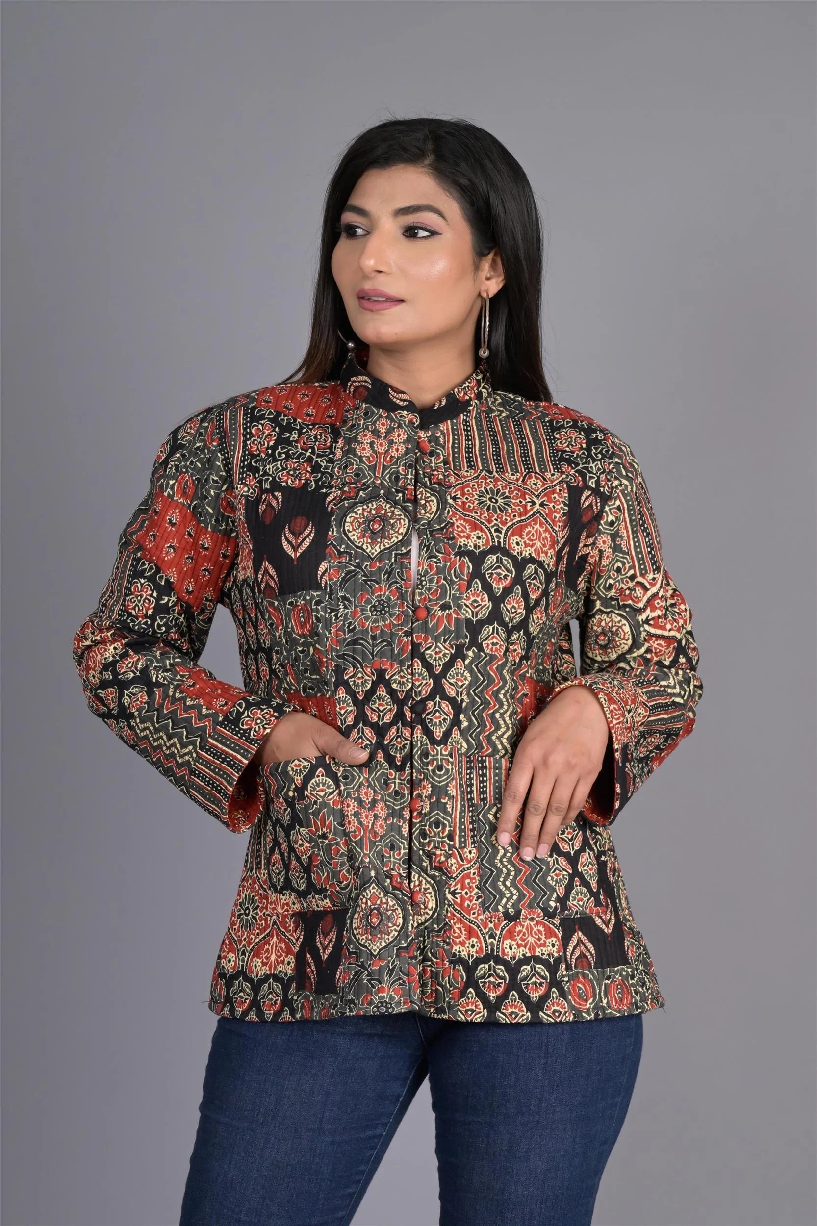Winter Reversible Black And Red Jaipuri Cotton Quilted Jackets For Women Jacket Blazer Coat