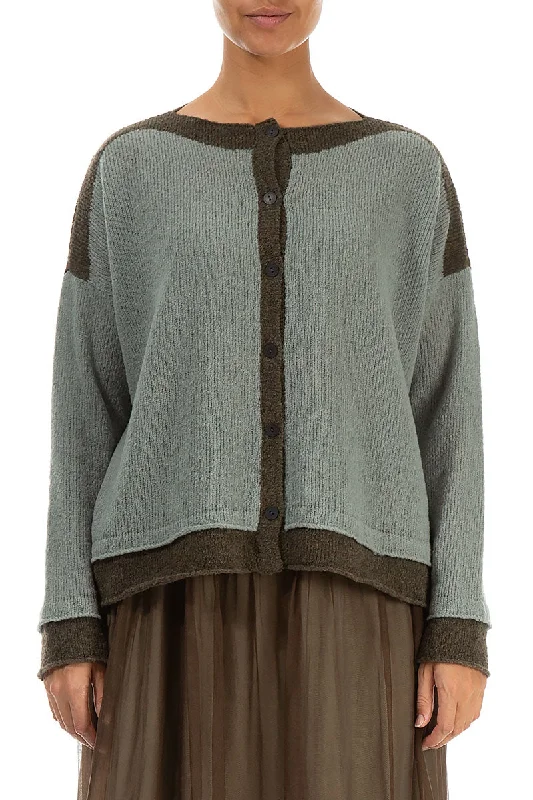 Khaki Edge Pistachio Wool Cardigan Ribbed Striped Patterned