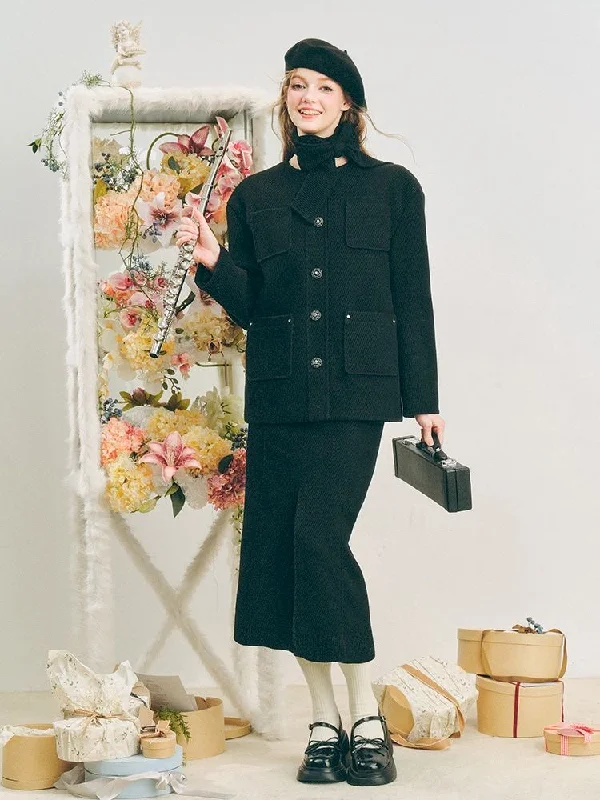 Music Lessons Wool Jacket Black Split Half Skirt Set【s0000005285】 Fleece Fabric Down Fabric Feather Fabric