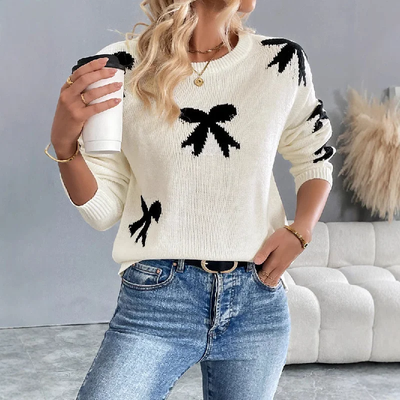 IKEARLAX New new 2025 casual versatile simple high-end sweater  round neck bow jacquard autumn and winter sweater women Bright Pastel Dark