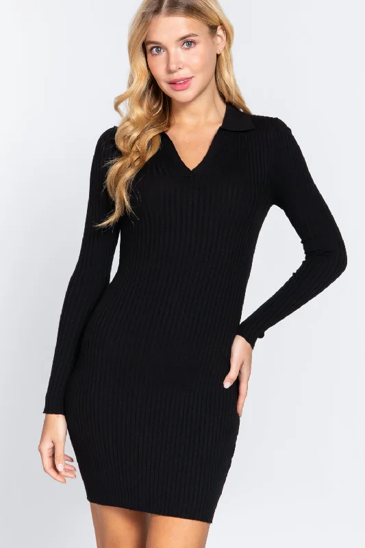 Long Slv V-neck Sweater Rib Mini Dress Polka Dot Checkered Tartan