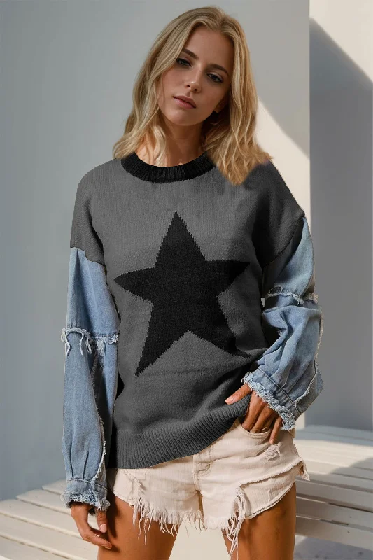 Double Take Full Size Star Pattern Raw Edge Long Sleeve Sweater Slim Fit Regular Fit Oversized Double Take Full Size Star Pattern Raw Edge Long Sleeve Sweater Slim Fit Regular Fit Oversized