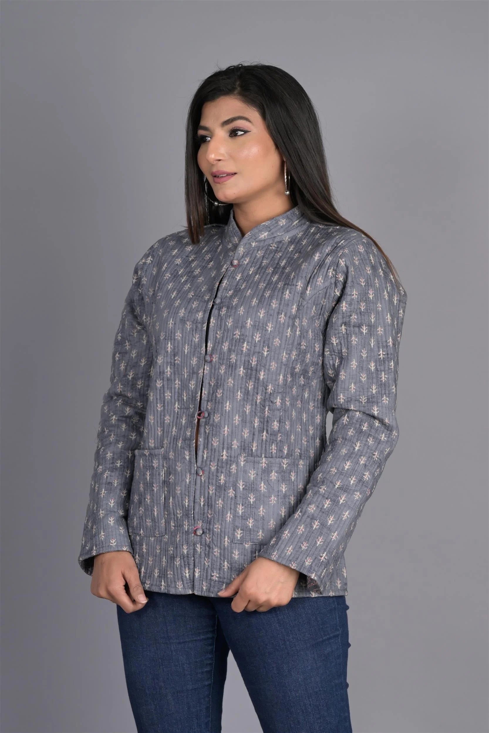 Winter Dark Grey Reversible Jaipuri Cotton Quilted Jackets For Women Welt Pockets Slit Pockets Flap Pockets