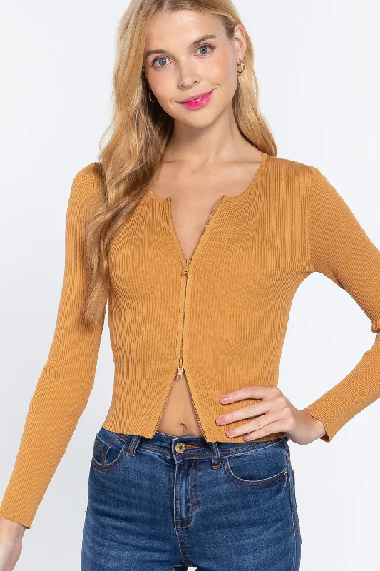 Rib Sweater Top W/front Zipper Soft Cozy Warm