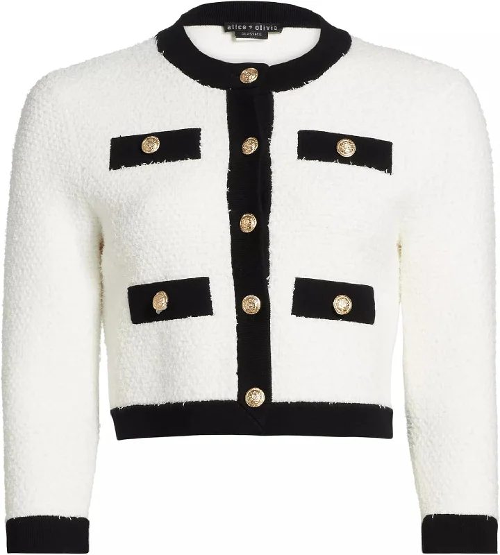 alice + olivia Claira Cardigan, Soft White/Black Nylon Fabric Polyester Fabric Spandex Fabric alice + olivia Claira Cardigan, Soft White/Black Nylon Fabric Polyester Fabric Spandex Fabric