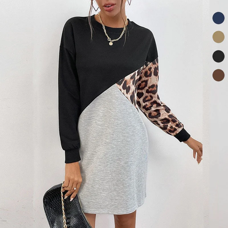 IKEARLAX New Popular trade explosion popular autumn and winter new splicing round neck medium and long leopard print pullover sweater skirt women Cotton Fabric Linen Fabric Terry Fabric