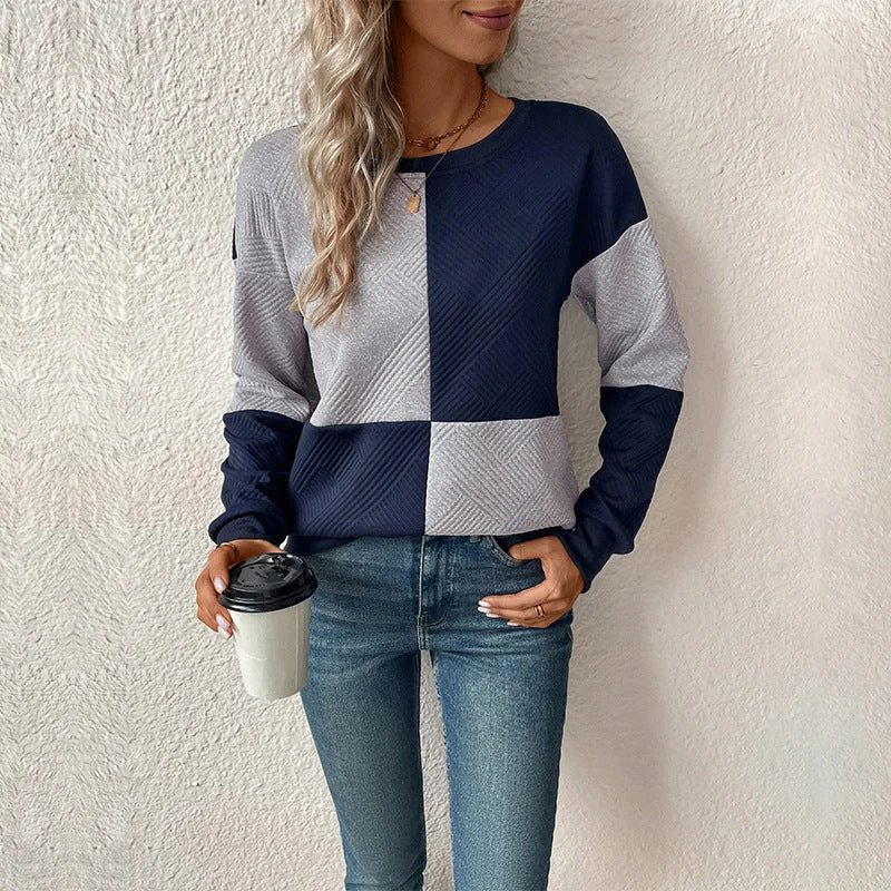 IKEARLAX 2025 women's clothing New autumn new cross-border long-sleeved color matching pullover round neck texture sweater women's models Wool Sweater Cotton Sweater Cashmere Sweater