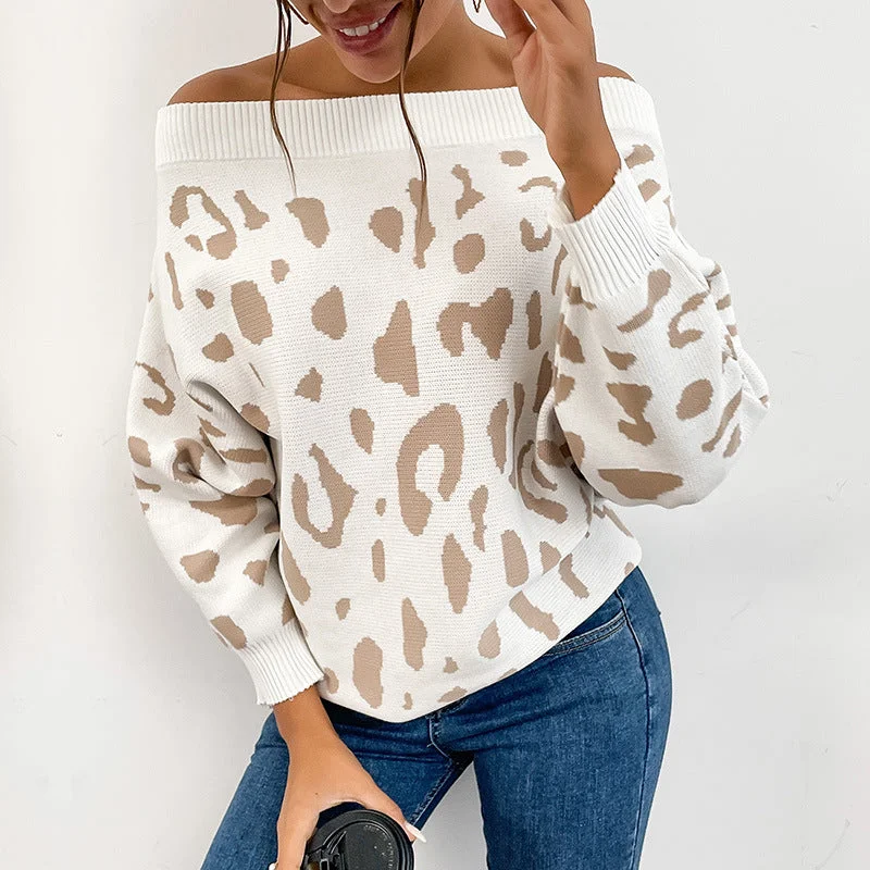 IKEARLAX New women's clothing popular autumn and winter new pullover, bat sleeve leopard print one-word shoulder sweater in stock Fleece Sweater Nylon Polyester