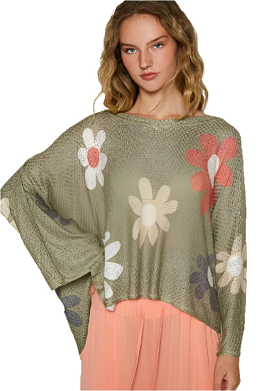 POL Daisy Retro Colorful Contrast Flower Top Oversized Shirt Pullover Knit Sweater Fitted Loose Oversized POL Daisy Retro Colorful Contrast Flower Top Oversized Shirt Pullover Knit Sweater Fitted Loose Oversized