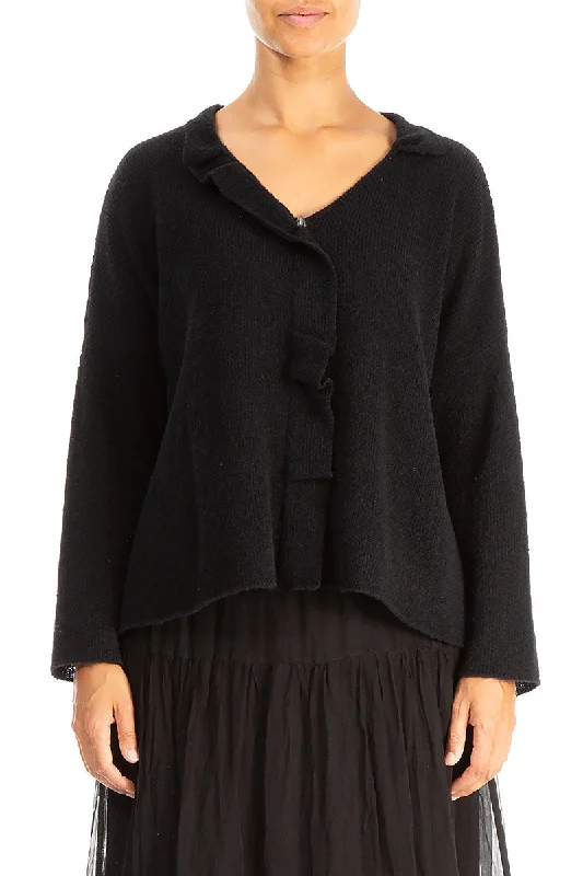 Frilled Neck Black Wool Cardigan Print Jacquard Patchwork