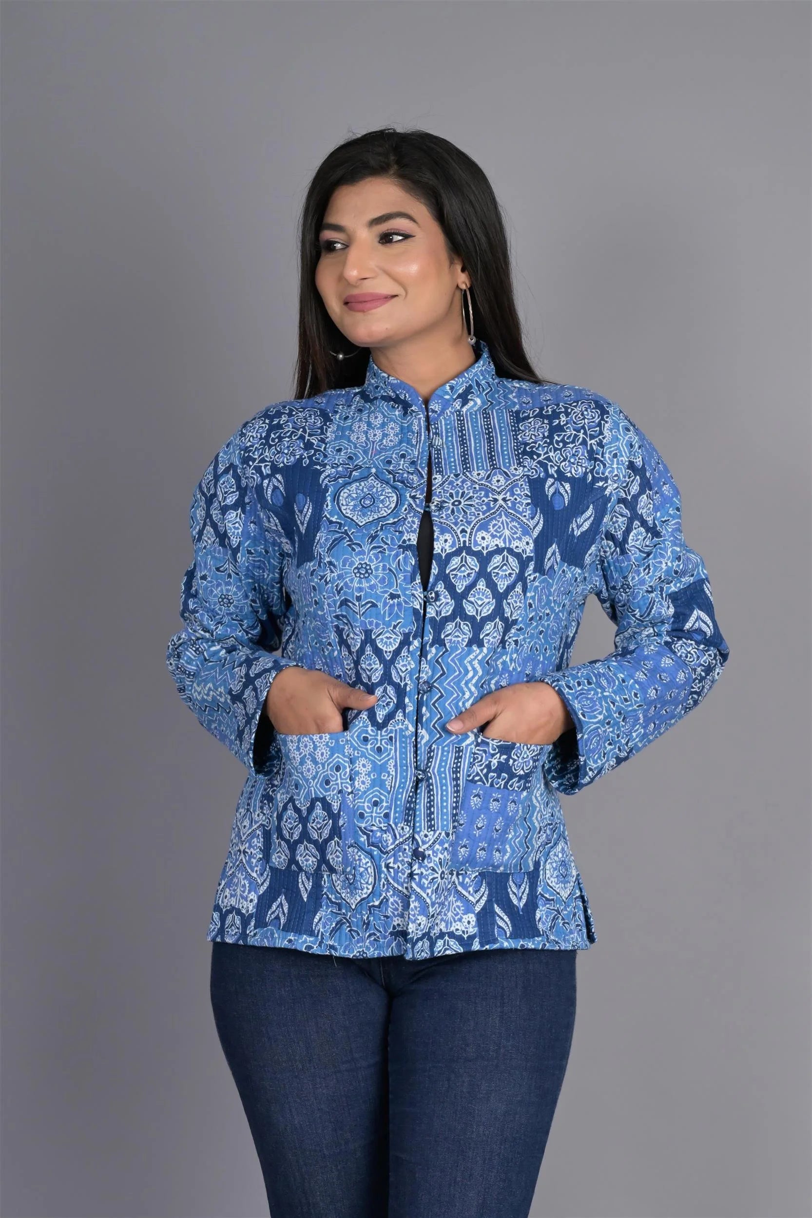 Winter Blue Reversible Jaipuri Cotton Quilted Jackets For Women Front Pockets Side Pockets Patch Pockets