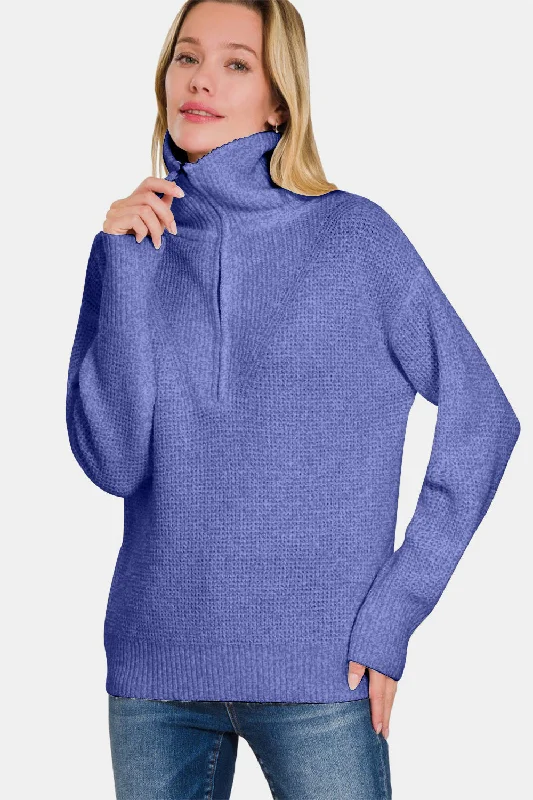 Zenana Half Zip Long Sleeve Sweater In Marlin Fleece Sweater Nylon Polyester