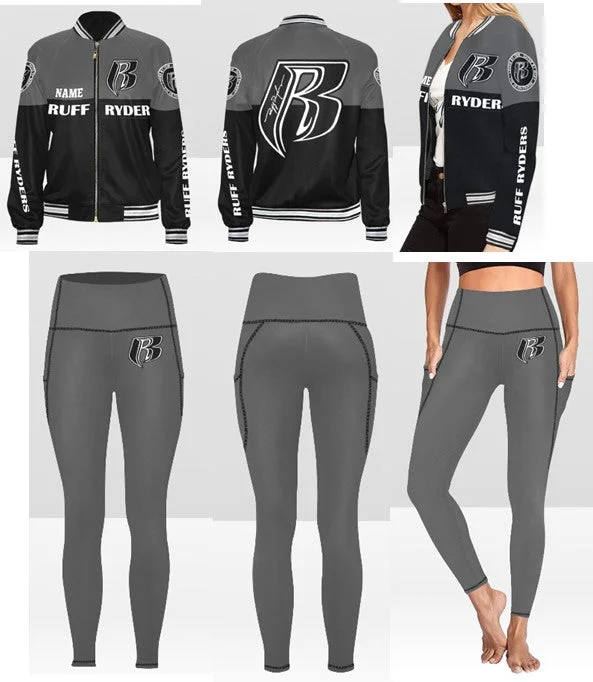 RR Custom Name Varsity Style Jacket and Matching Pocketed Leggings Set Blk/Gry Faux Fur Jacket Real Fur Jacket Shearling Jacket
