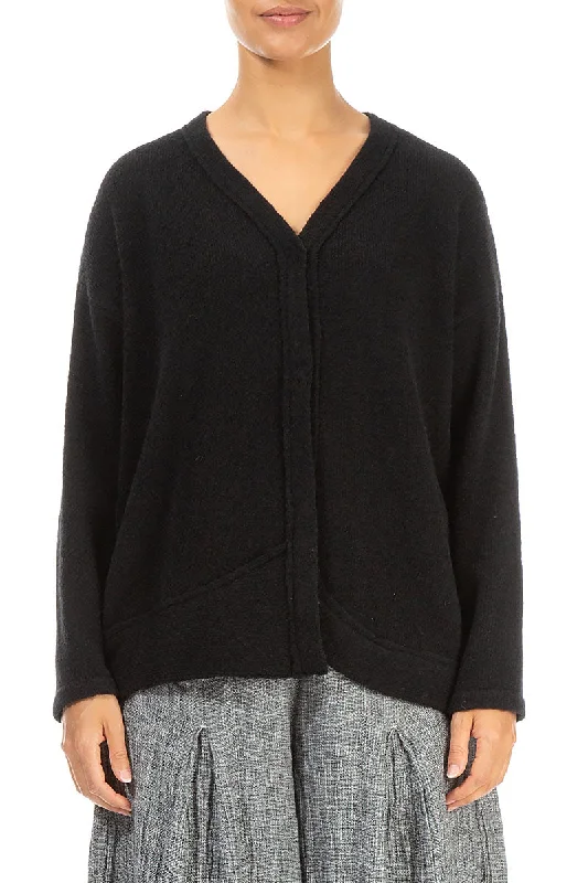 Asymmetrical Black Wool Cardigan Tailored Straight A-Line