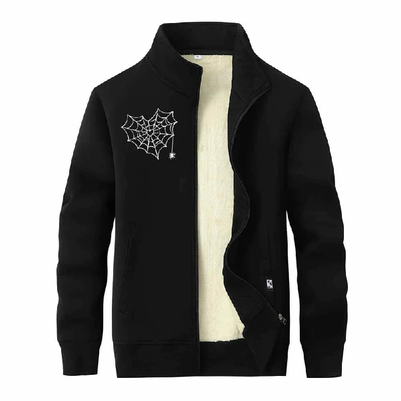 Heart Spiderweb Pattern Stand Collar Zip Fleece Sherpa Cardigan Oversized Loose Flowy