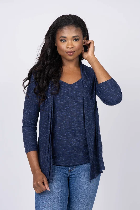 Nic+Zoe Pocket Drapey Cardigan in Dark Indigo Welt Pockets Slit Pockets Flap Pockets