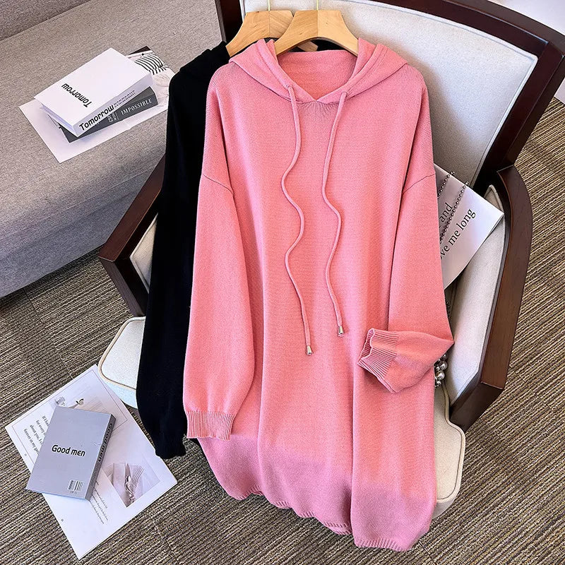 Wjczt 155Kg Plus Size Women's Bust 160 Spring Autumn New Loose Hooded A-Line Sweater Dress Black Pink 5XL 6XL 7XL 8XL 9XL 10XL Chenille Blend Fleece Blend Nylon Blend