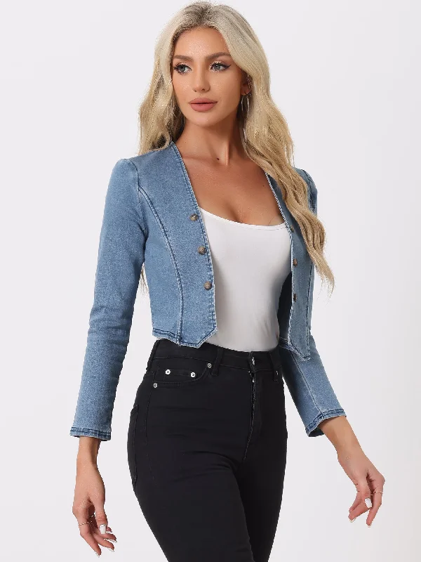 Collarless Open Front Casual Crop Denim Jacket Front Pockets Side Pockets Patch Pockets