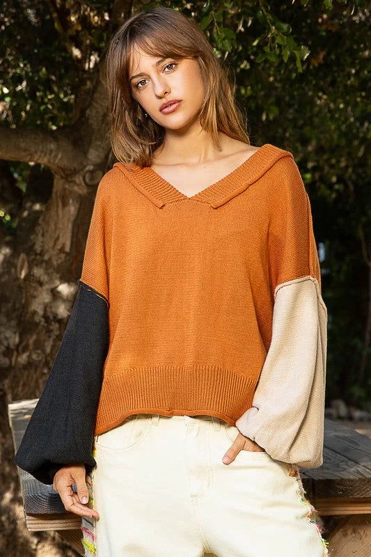 POL Exposed Seam Roll Edge Color Block V Neck Sweater In Pumpkin Mesh Sweater Canvas Denim POL Exposed Seam Roll Edge Color Block V Neck Sweater In Pumpkin Mesh Sweater Canvas Denim