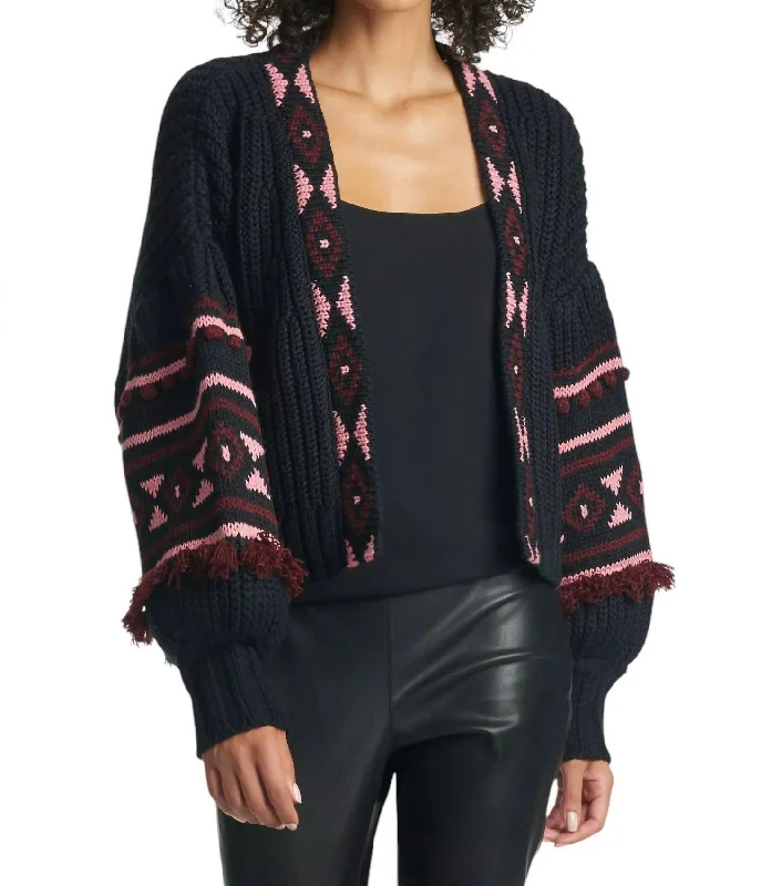 Landon Knit Cardigan In Black/burgundy/peony Elasticated Padded Insulated