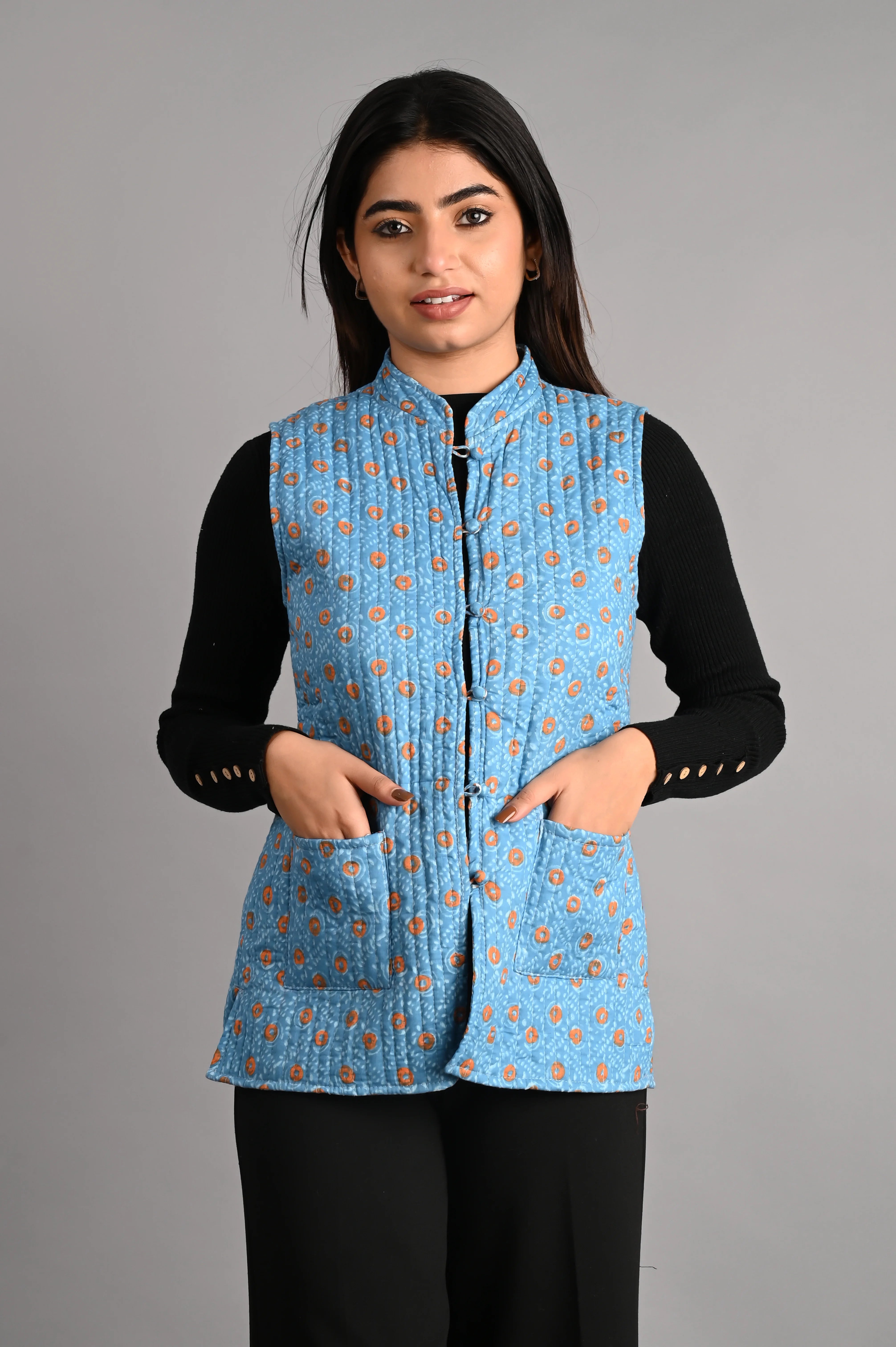 Winter Dark Sky Blue Sleeveless Reversible Jaipuri Cotton Quilted Jackets For Women Nylon Fabric Polyester Fabric Spandex Fabric