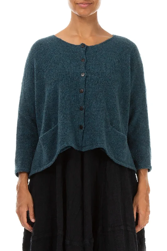 Short Loose Teal Wool Cardigan Fitted Slim Tailored